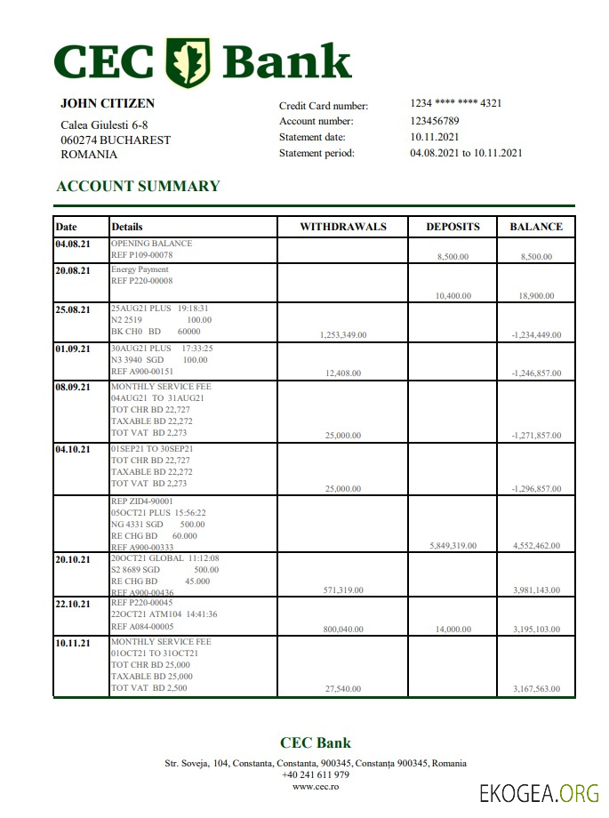 Roumanie CEC Bank excel pdf